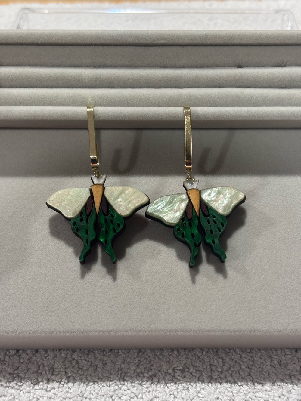 Green & White Butterfly Drop Earrings - Picture 4 of 14